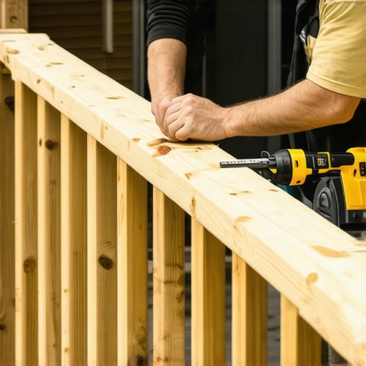 Contractor measuring deck railing height using a laser tool