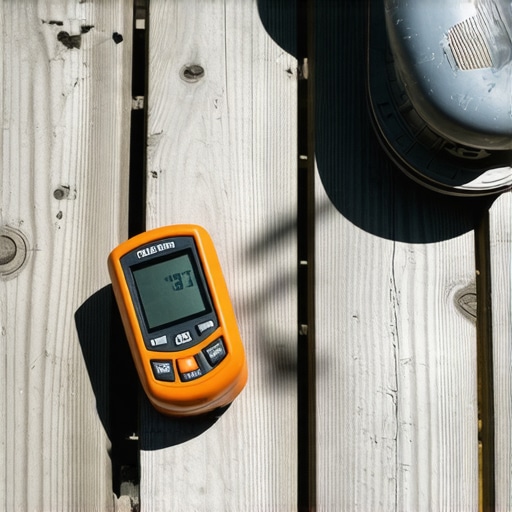 A cordless orbit sander and a moisture meter on a wooden deck