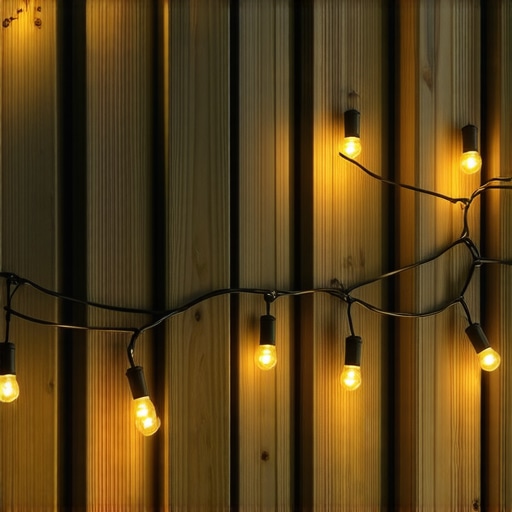 String lights glowing softly over a Needham backyard deck at sunset