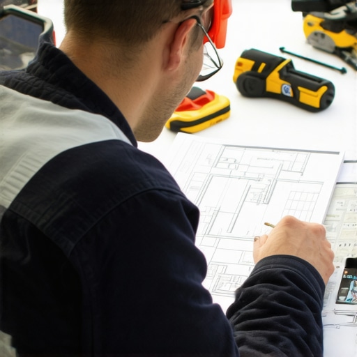 Contractor studying construction plans on a rooftop during deck building