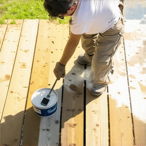Person sealing a wooden deck with protective coating