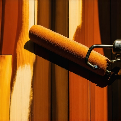 Homeowner applying stain on wooden deck with roller, emphasizing smooth coverage and vibrant color.