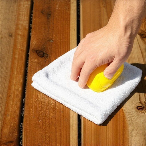 Person cleaning greasy stain on wooden deck with cloth and cleaning solution