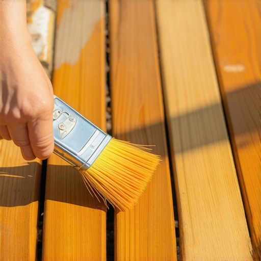 Person using a brush to stain a wooden deck with eco-friendly stain in sunlight