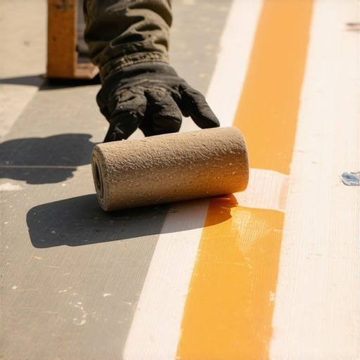 Hands smoothing flashing tape onto a deck joint with a roller under sunlight