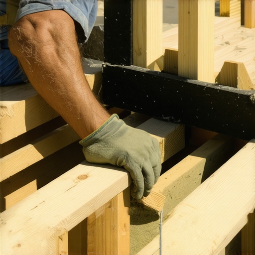 Homeowner sealing deck joists with protective tape in Needham's backyard