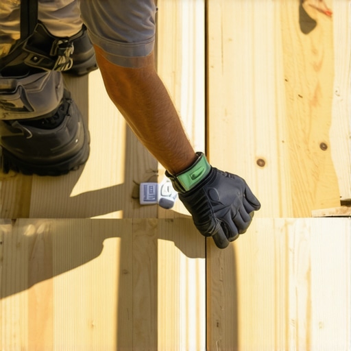 Person carefully applying waterproof tape to deck joists for weatherproofing.