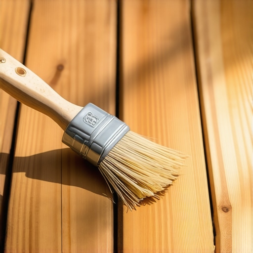 Person applying eco-friendly stain to outdoor wooden deck with a brush in sunlight.