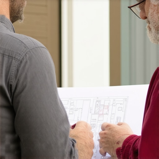 Contractor and homeowner discussing deck plans outdoors