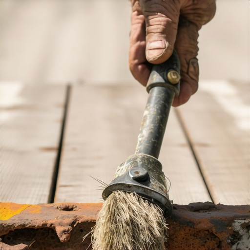 Person scrubbing rust off metal deck bracket with wire brush outdoors.