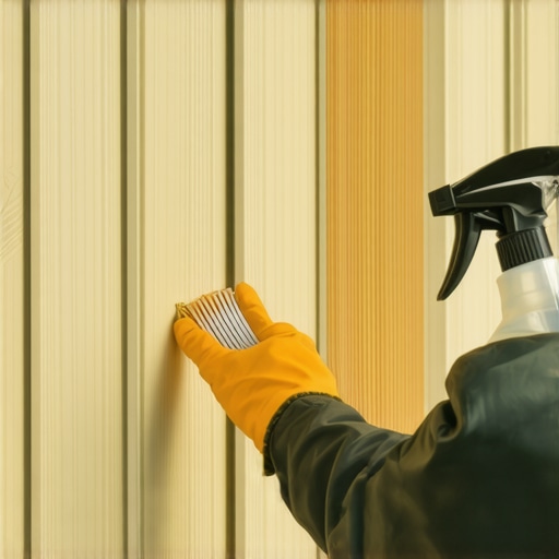 Person cleaning tight spaces between deck and siding with a small brush