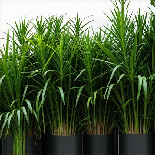 A row of tall, dense potted plants acting as a privacy barrier on a backyard patio.