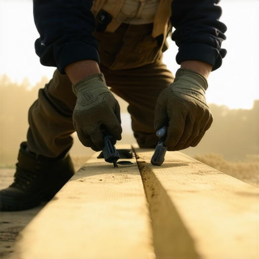 A handyman fixing a bowed deck joist using a saw and level.