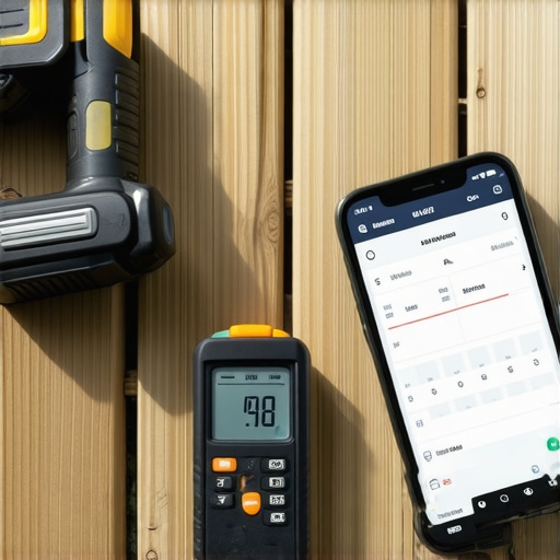 A person using a moisture meter on a wooden deck with a smartphone displaying a maintenance app.