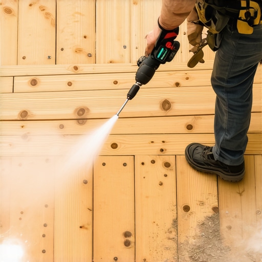 A handyman using a cordless drill and pressure washer to care for a wooden deck outdoors.