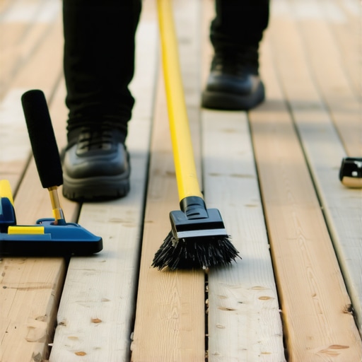 A technician inspecting and cleaning a wooden deck with specialized equipment