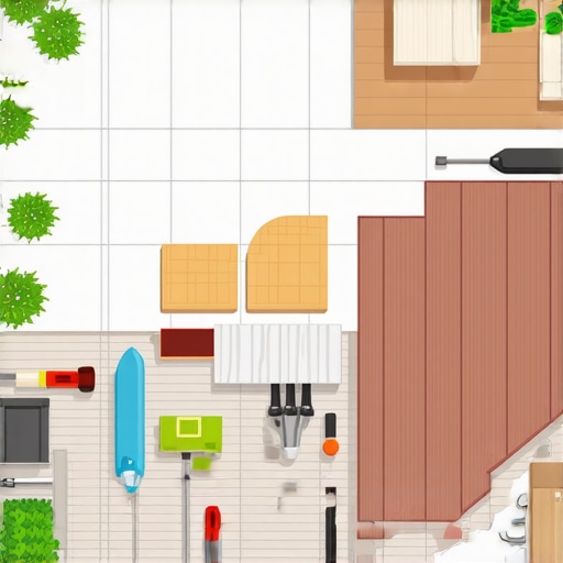 A backyard deck planning layout showing different material samples and tools