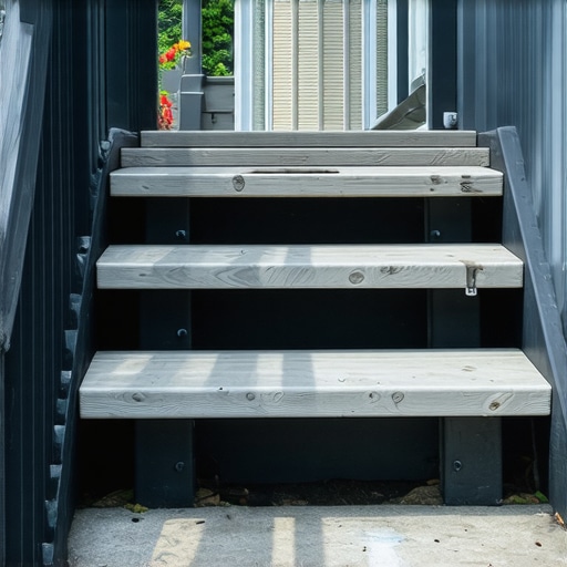 A detailed view of installing new support brackets and treads on a deck staircase in Needham