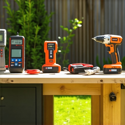 Deck maintenance tools and tech setup Tools for deck maintenance arranged on a workbench in a backyard