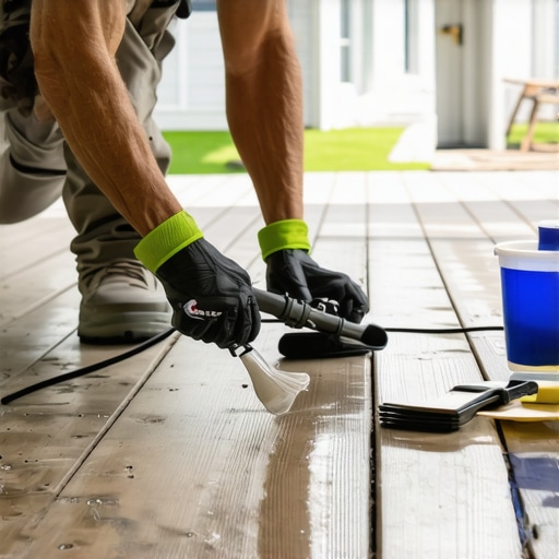 Deck sealing process using a sprayer Homeowner sealing wooden deck with sprayer in Needham