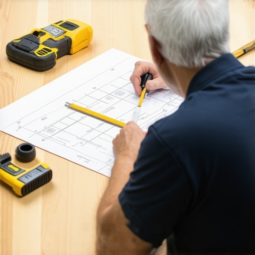 Homeowner calculating materials for deck building with measurements and sketches.