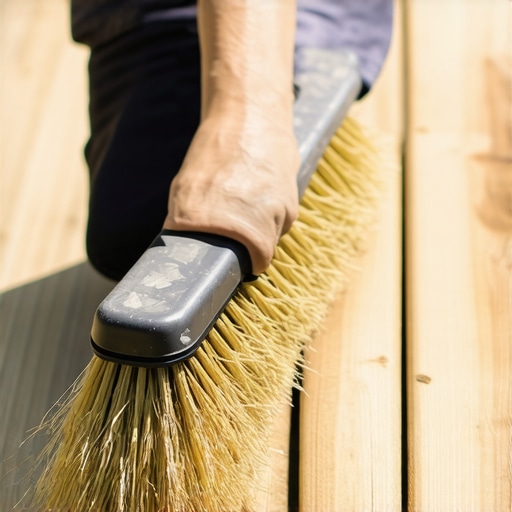 Person scrubbing between deck boards with a stiff brush