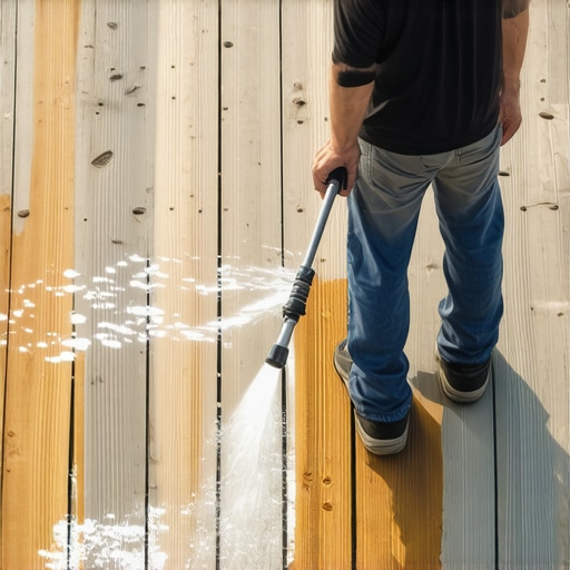 Homeowner cleaning a wooden deck with pressure washer