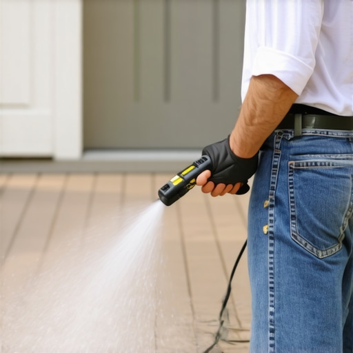 A person cleaning and inspecting a wooden deck with a power washer and moisture meter