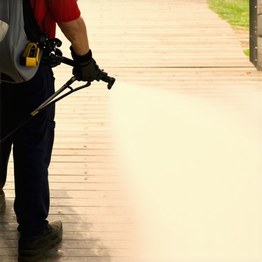 Person pressure washing a wooden deck to remove dirt and grime