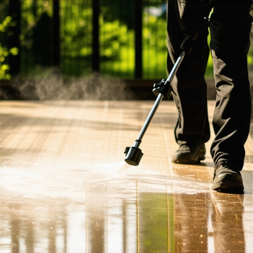 A person using a pressure washer to clean a wooden deck in Needham