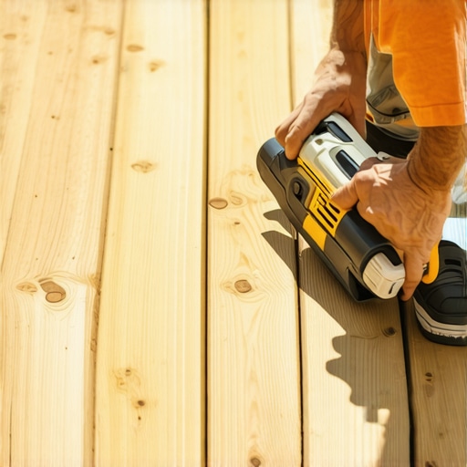 Homeowner cleaning between deck boards with a cordless multi-tool in a sunny backyard.
