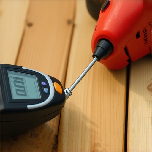Homeowner inspecting a wooden deck with a moisture meter and impact driver
