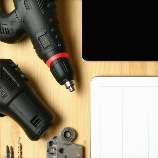 Essential Deck Maintenance Tools and Software Tools and digital devices for deck maintenance with hardware and sanding equipment.