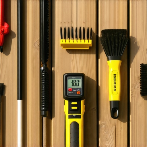 Tools for cleaning and maintaining a wooden deck, including power washer and moisture meter.