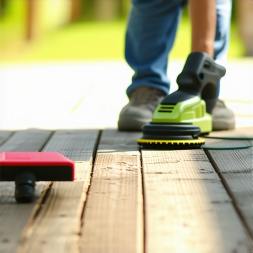 Tools for deck maintenance including sander, saw, and pressure washer working on a wooden deck