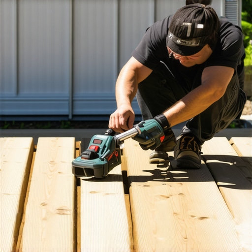 Homeowner using a moisture meter and impact driver to inspect and repair a deck