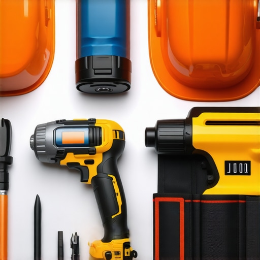 A professional toolkit on a wooden deck with tools like impact driver, moisture meter, and safety gloves.