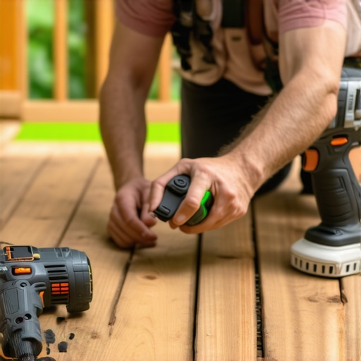 Homeowner using moisture meter and drill on a wooden deck