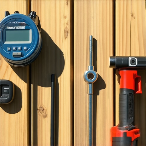 Image showing essential tools for maintaining a wooden deck, including a moisture meter, pressure washer, and fastener remover.