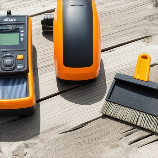 Tools like moisture meter, power washer, and scrapers arranged on a wooden deck for maintenance.
