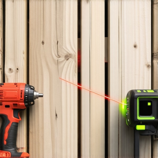 Cordless impact wrench and laser level used during deck repair