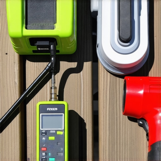 Tools and equipment used for maintaining a Needham deck, highlighting moisture meter, pressure washer, and orbital sander.