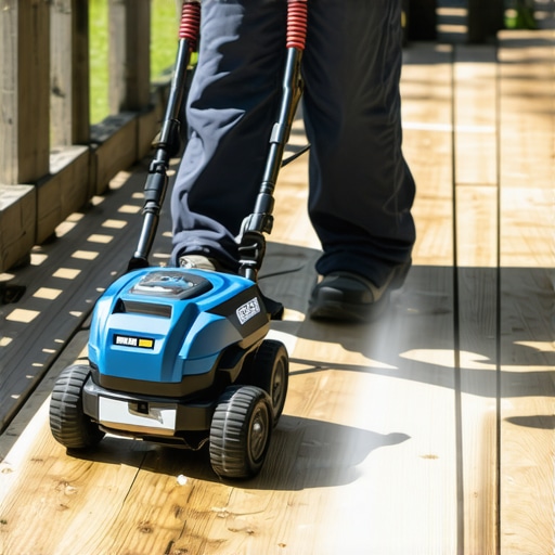 Pressure washer and laser level being used on a Needham deck for maintenance