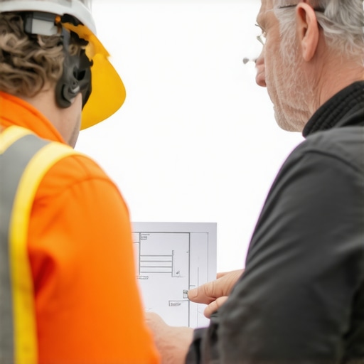Contractor explaining deck plans to homeowner at construction site