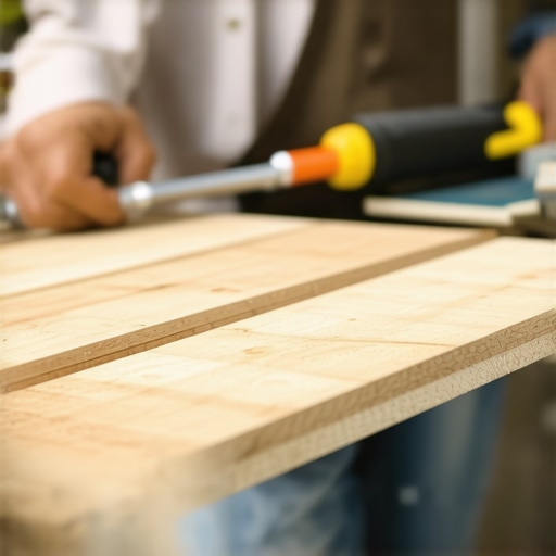 Skilled deck builder checking quality of wooden deck with professional tools