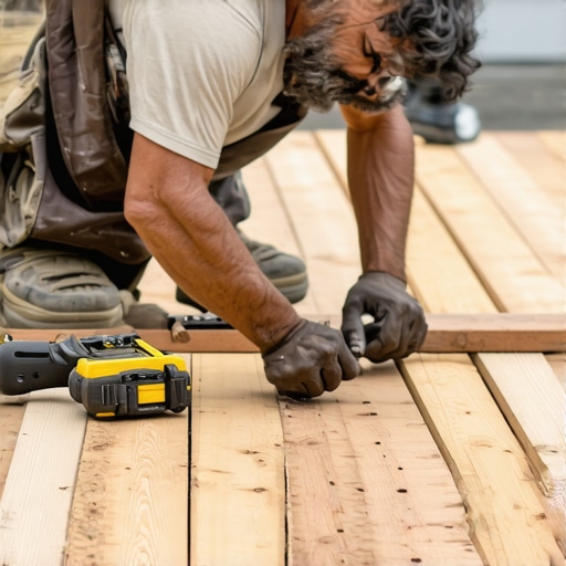 A professional deck builder examining materials with precision tools.
