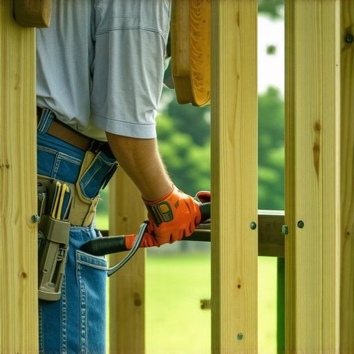 Deck builder inspecting support beams for structural integrity.