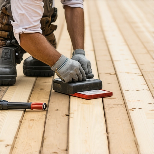 A professional inspecting a wooden deck with a tool, highlighting craftsmanship and detail-oriented work.