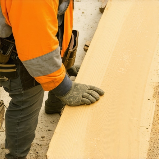 Expert Inspection of Deck Materials A deck builder examining lumber for durability and quality.