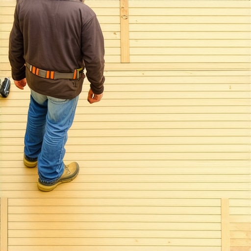 Professional contractor inspecting a Needham deck with weatherproofing features